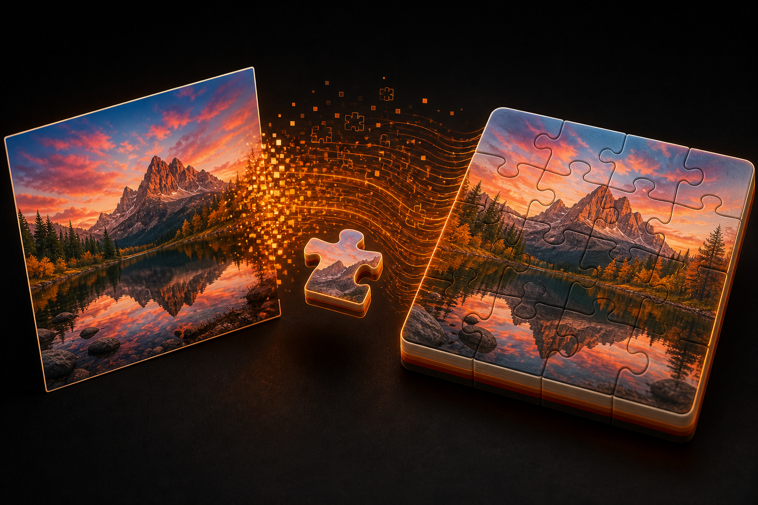 Image transformed into layered-color 3D artwork and a jigsaw puzzle